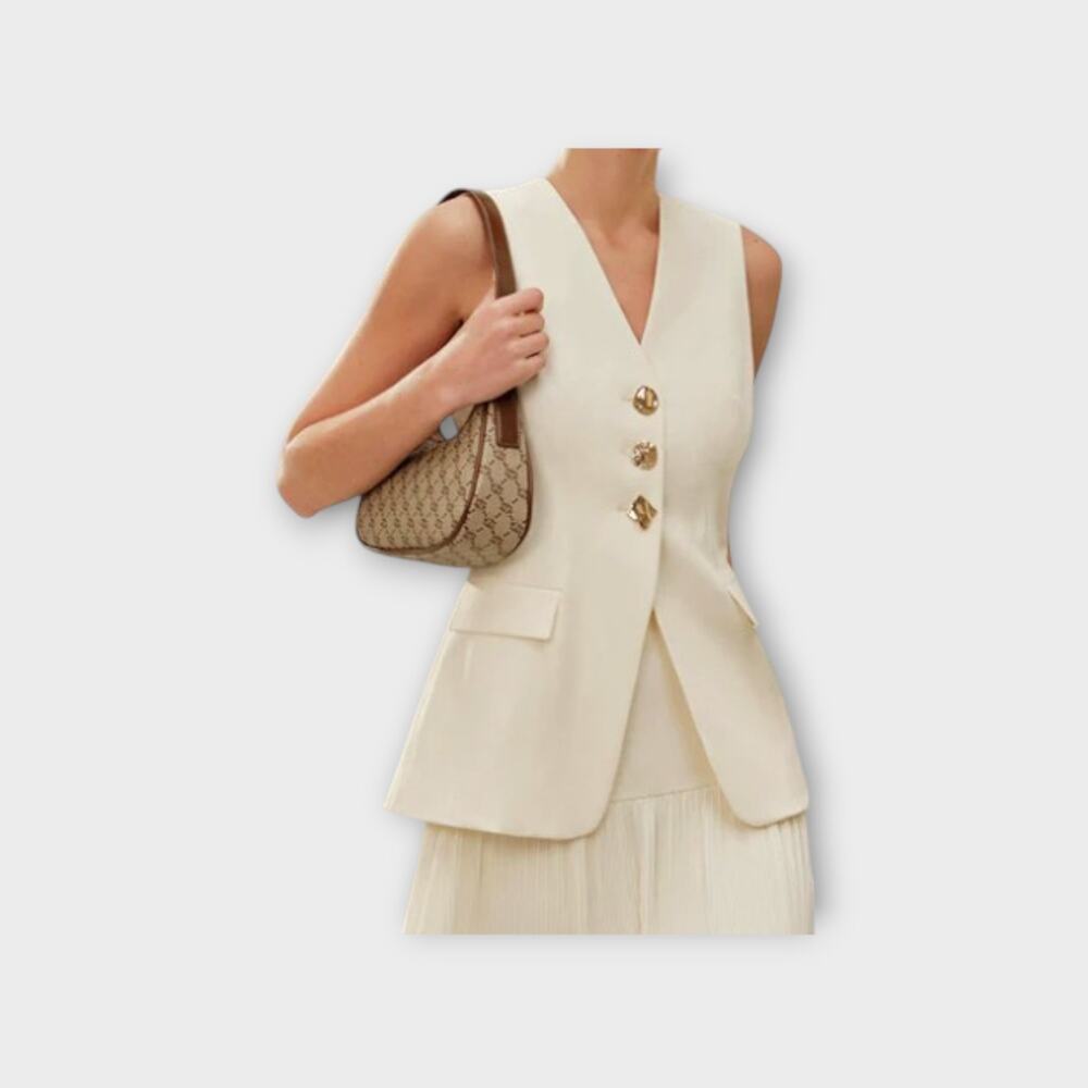Commense Decor Pocket Tailored Vest Cream Ivory Woven Fabric Size XL Modern Chic